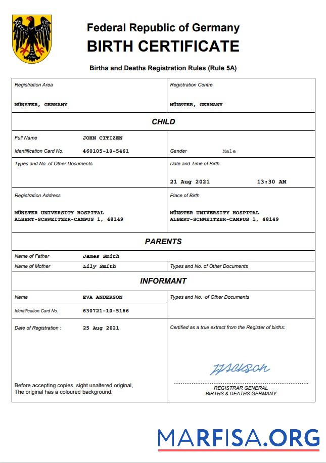 Printable Germany birth certificate Word and PDF template